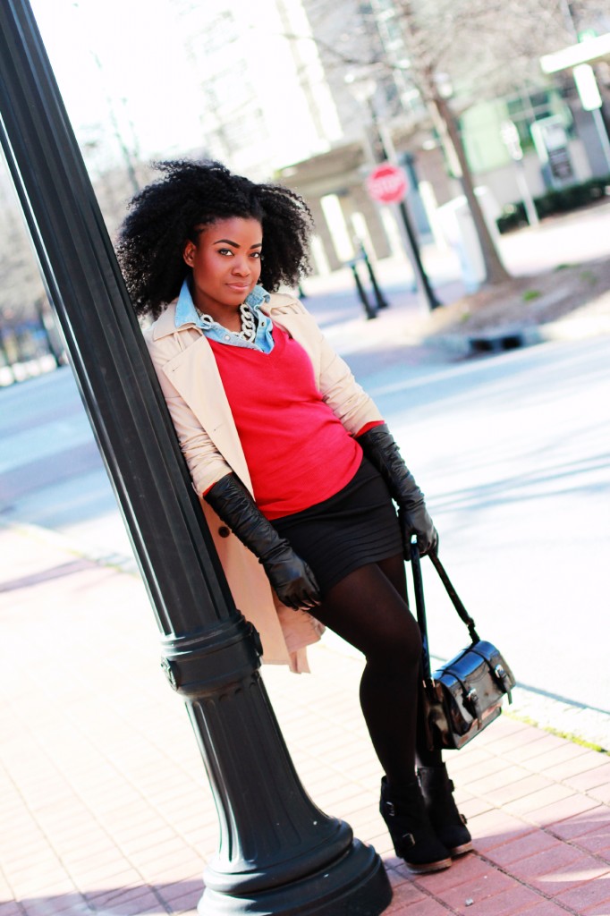 The Serena Saga layers black mini skirt black tights red sweater