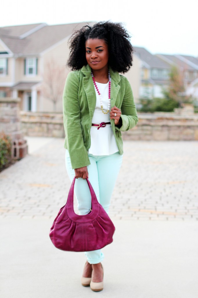 Outfit: Green Blazer, Mint Jeans, and Fuchsia