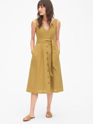 Sleeveless Button-Front Midi Dress in Linen